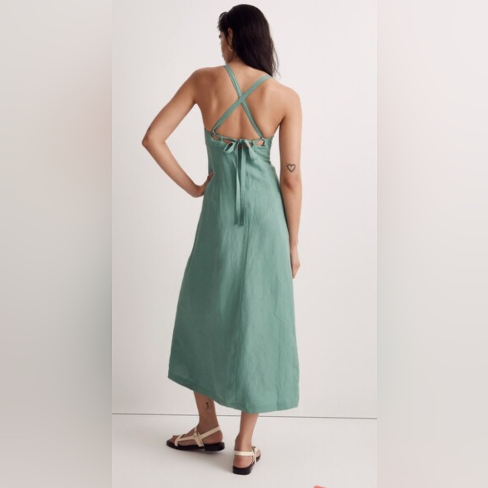 Women's Sage Green Square-Neck Linen Dress - Picture 3 of 5